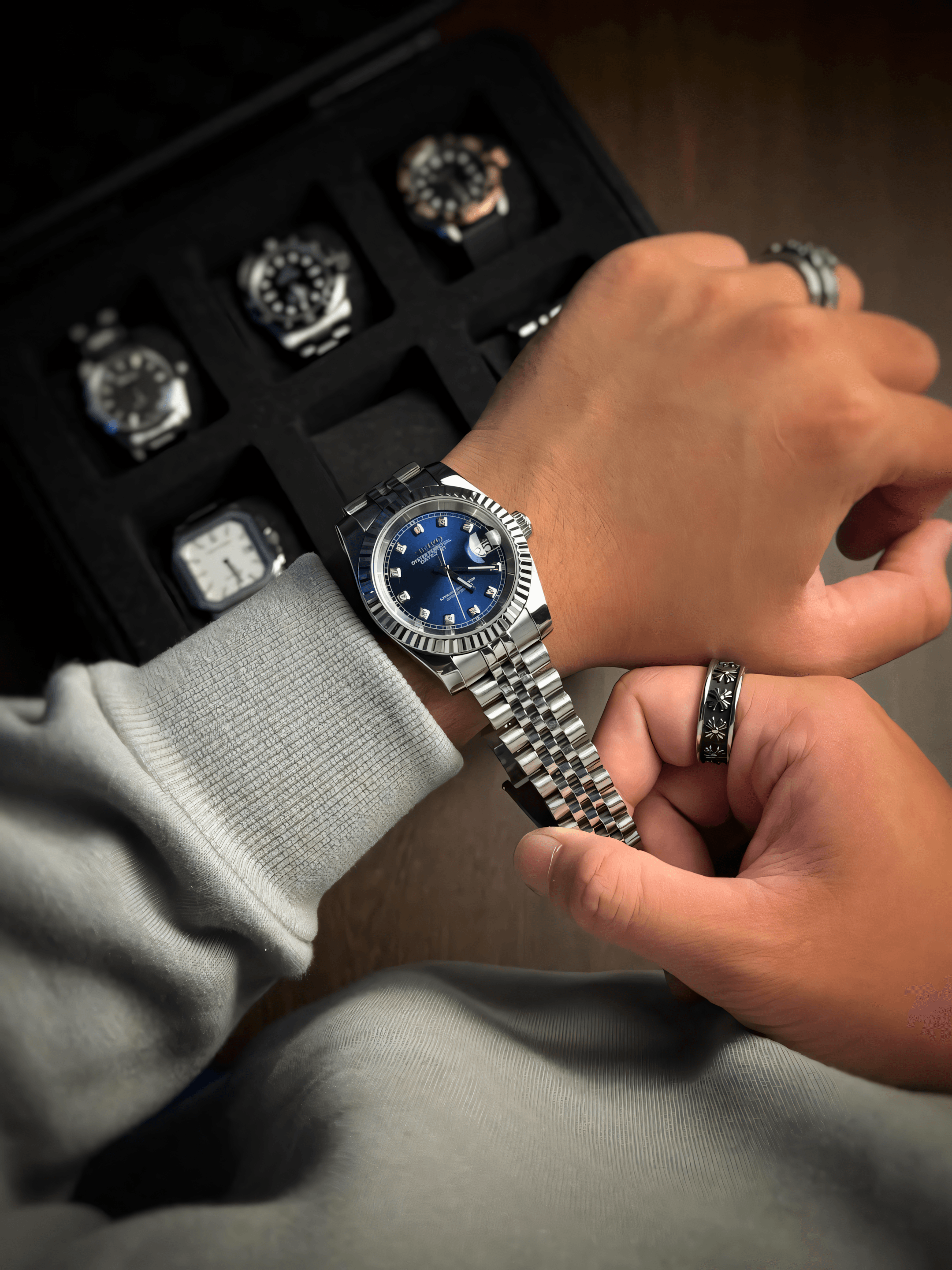 Montre Seiko Mod Goteia, gros plan sur le boîtier et le bracelet acier