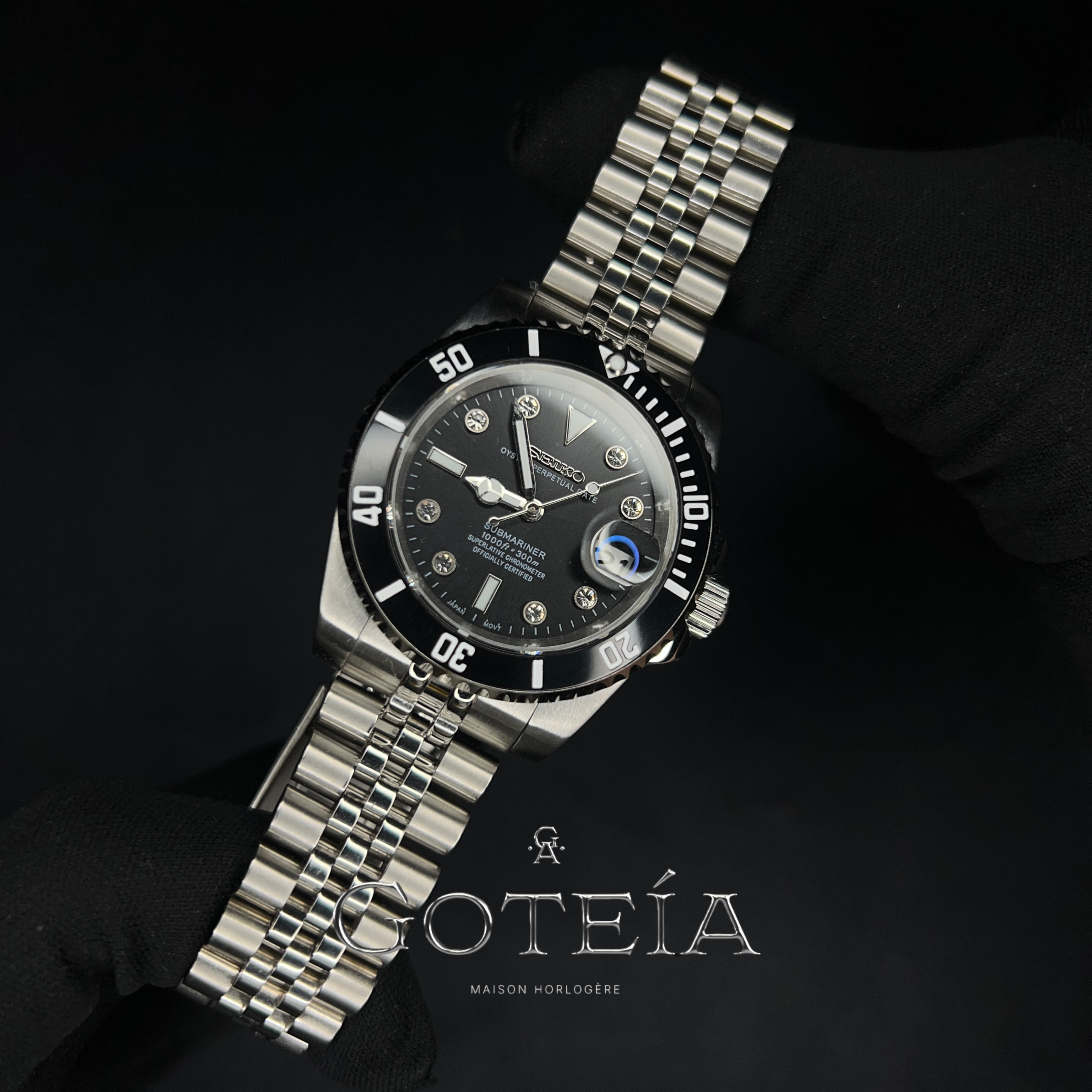 Montre Seiko Mod SEIKORINER Black Diamond index brillants lunette céramique